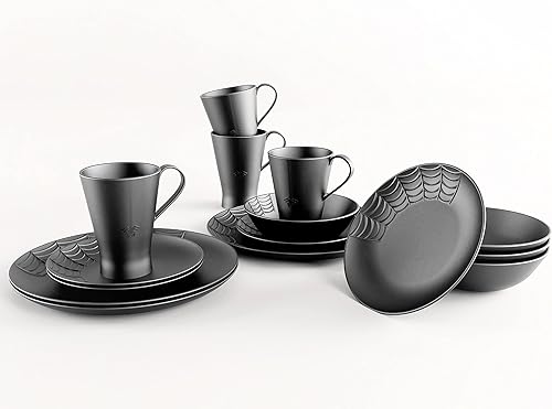 Nomnu Juego de vajilla Spiderweb (16 piezas)  Decoración de cocina gótica  Juego de vajilla gótica de porcelana negra mate  4 platos llanos, 4