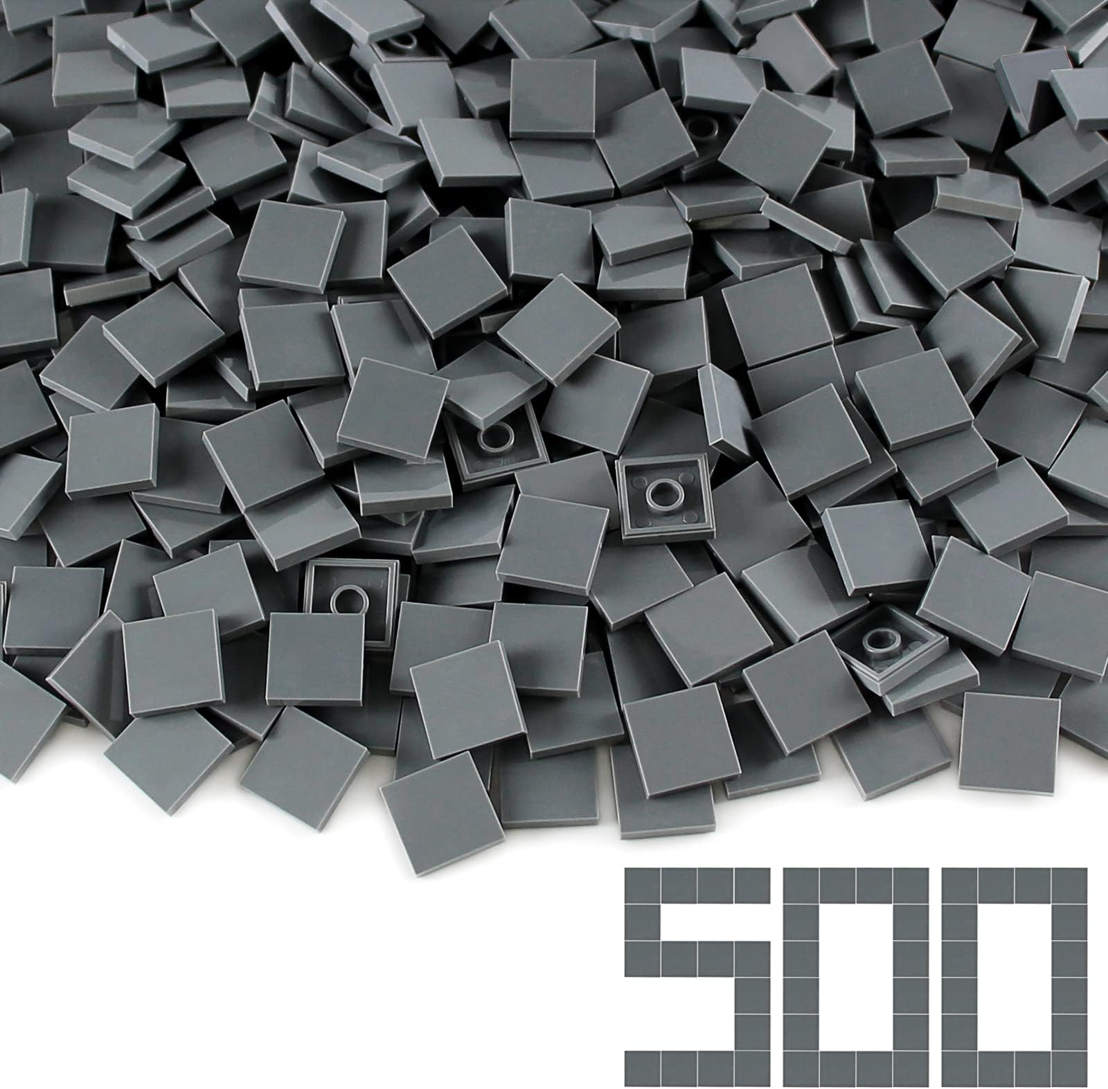 Dark Bluish Gray 2×2 Tile ×500 Parts and Pieces Flat MOC Bricks, Bulk Building Blocks for Smooth Surface Wall Floor, Toy Accessories Compatible with Major Brands