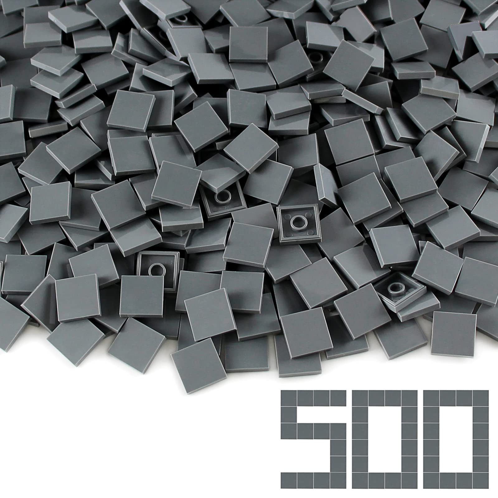 Dark Bluish Gray 2×2 Tile ×500 Parts and Pieces Flat MOC Bricks, Bulk Building Blocks for Smooth Surface Wall Floor, Toy Accessories Compatible with Major Brands