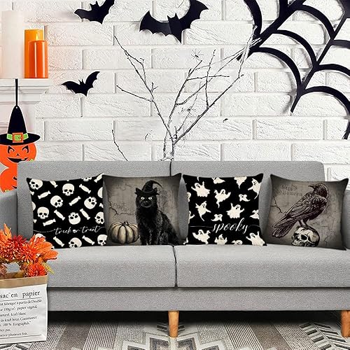 Miniatura 5 de YeeJu Juego de 4 fundas de almohada de Halloween de 12 x 12 pulgadas, diseño de calavera espeluznante, fantasma, fundas de almohada de lino para el