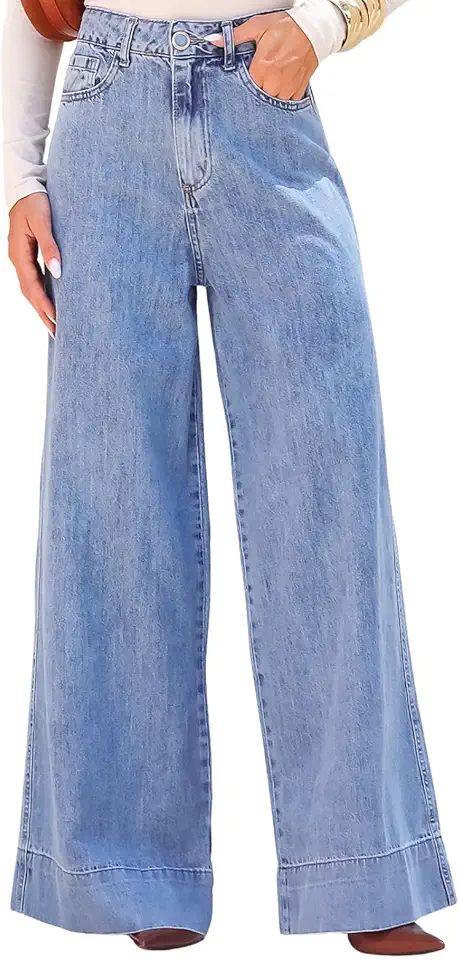Calça Pantalona Jeans Feminina, Azul Claro, Wide Leg, Cintura Alta, Modelagem Fluida, Estilo Casual e Elegante