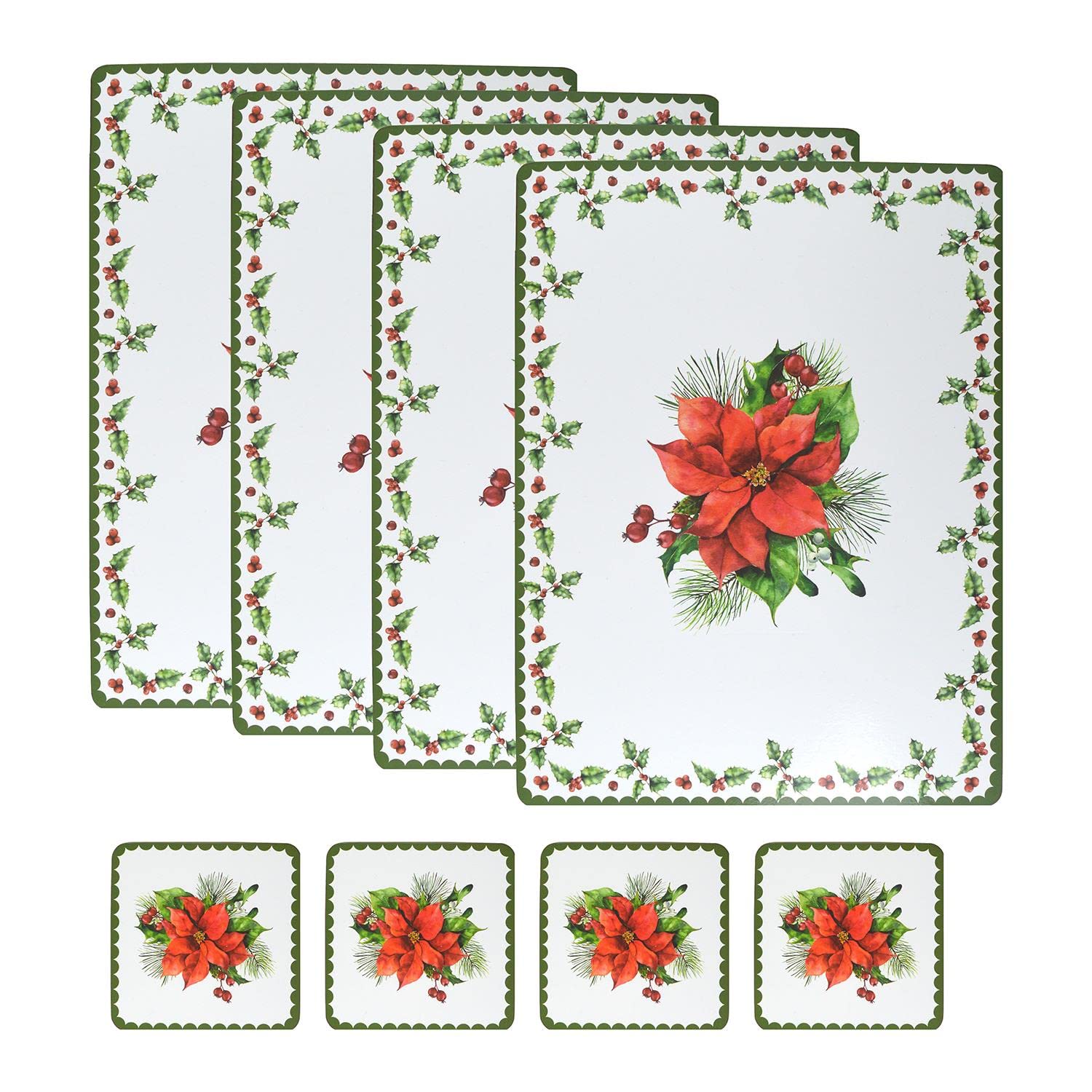 Harvey & Mason 4 Place Mats 4 Coasters Christmas Coasters And Placemats Set Festive Green White And Red Holly Design Set Of 4 Xmas Party Joy