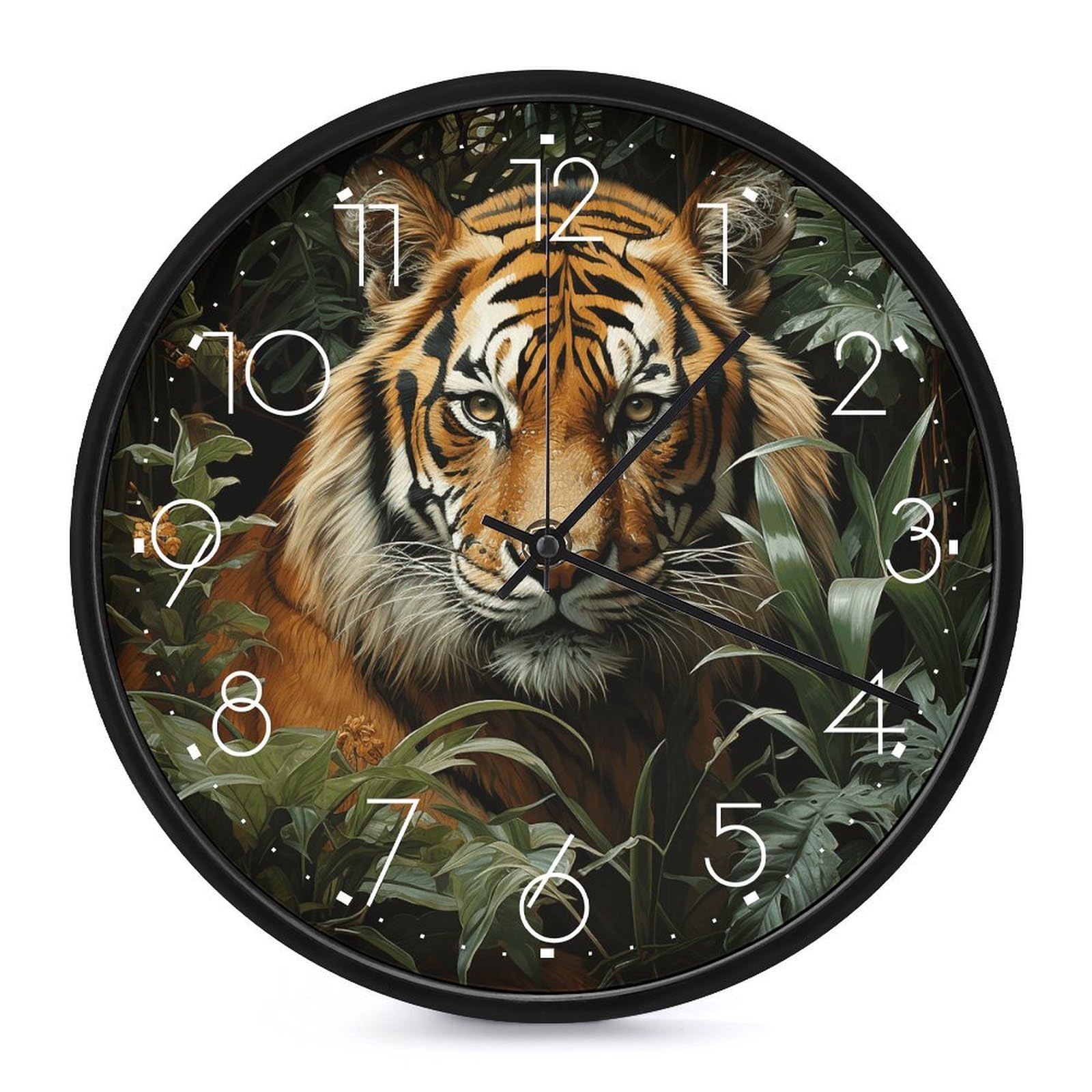 Horloge murale ronde silencieuse 25,4 cm déco tigre jungle salon