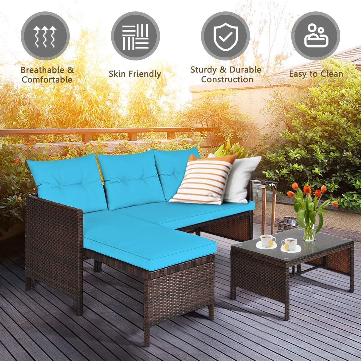 HAPPYGRILL 3 Pieces Rattan Wicker Patio Conversation Set, Outdoor Sofa Table Set with Steel Frame & Seat Cushion, Porch Furniture Set for Garden Lawn Pool Backyard