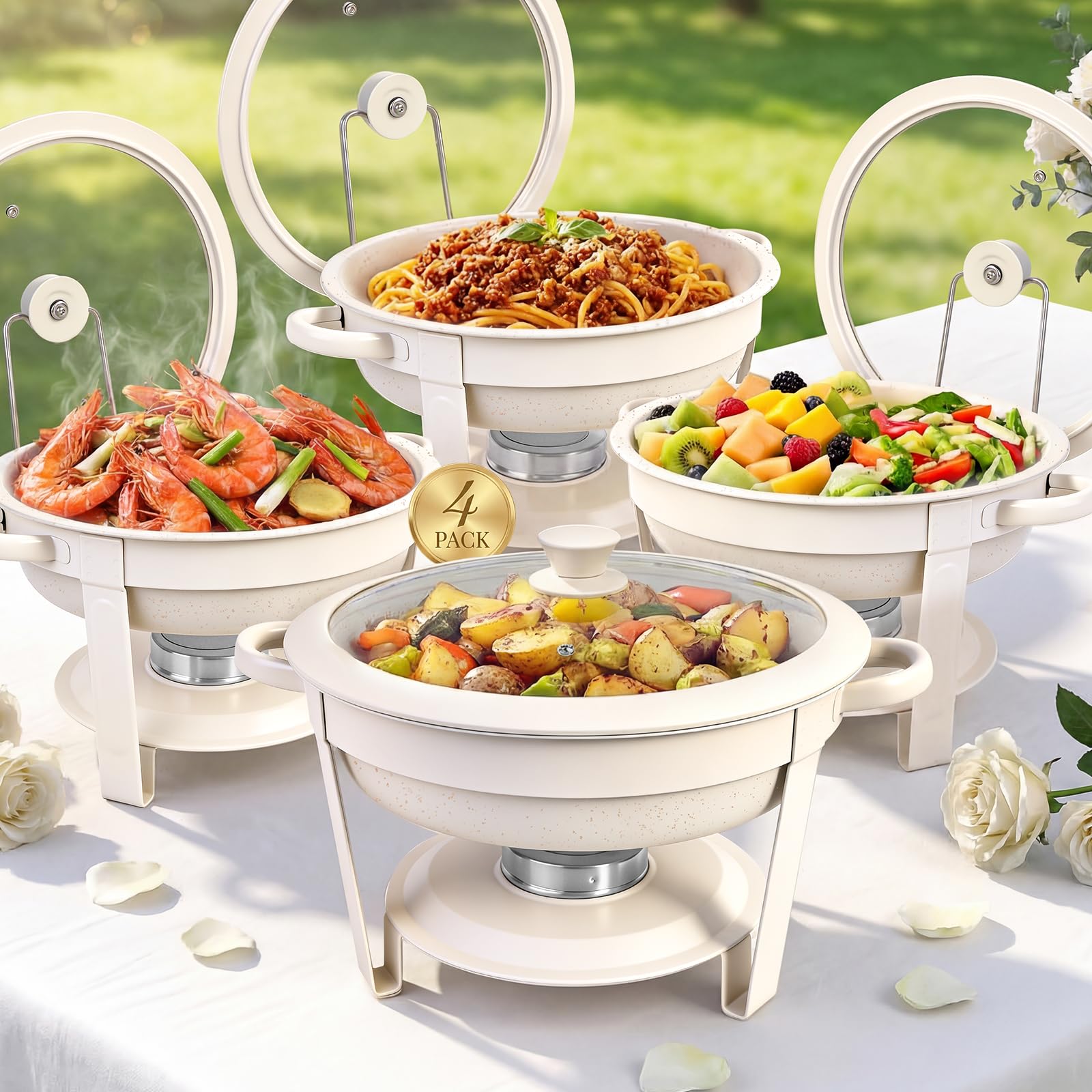 Photo 1 of *MISSING PARTS - see clerk notes*
Chafing Dishes for Buffet,4 Pack 5QT Maifanite-Coated Chafing Dishes, White Chafing Dish Buffet Set with Glass Lid and Lid Holder,Food Warmers for Parties Butter for Wedding,Church Events,Birthday