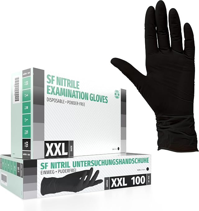 SF Nitrilhandschuhe XXL Schwarz – 100 Stück Einweghandschuhe, latexfrei | Puderfreie Einmalhandschuhe für Tattoo, Werkstatt, Küche, Reinigung und Haushalt; vielseitig für Gewerbe und Alltag