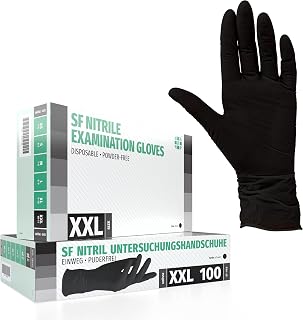 SF Nitrilhandschuhe XXL Schwarz – 100 Stück Einweghandschuhe, Einmalhandschuhe, Puderfrei, Latexfrei, Gummihandschuhe Einweg zum Kochen, Putzen, für Medizin, Küche, Garten, Werkstatt, Tattoo, Haushalt