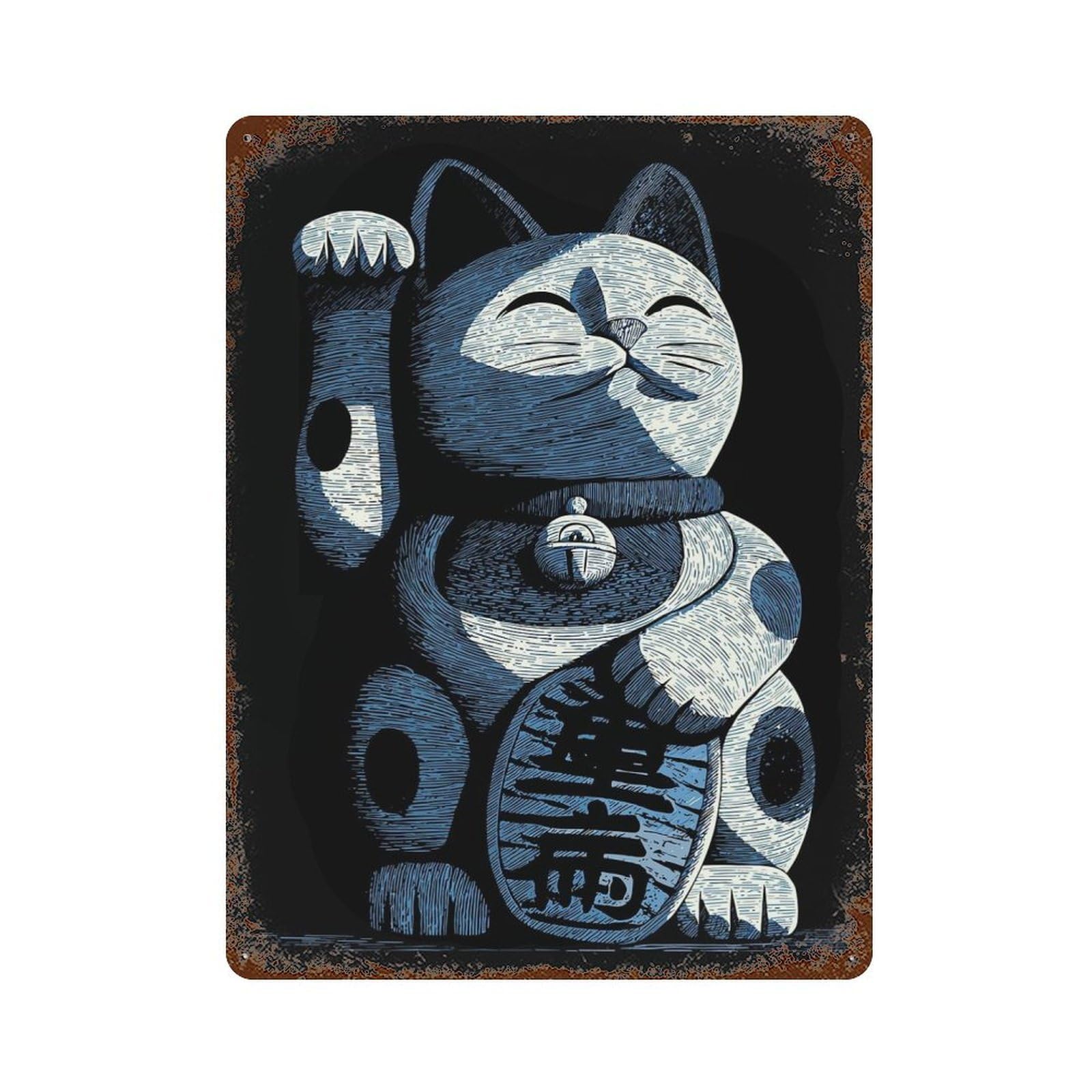 Blue Maneki Neko Illustration 15.7"x11.8" Weathered Tin Sign, Classic Wall Plaque for Patio, Garden Room And Bar Decor