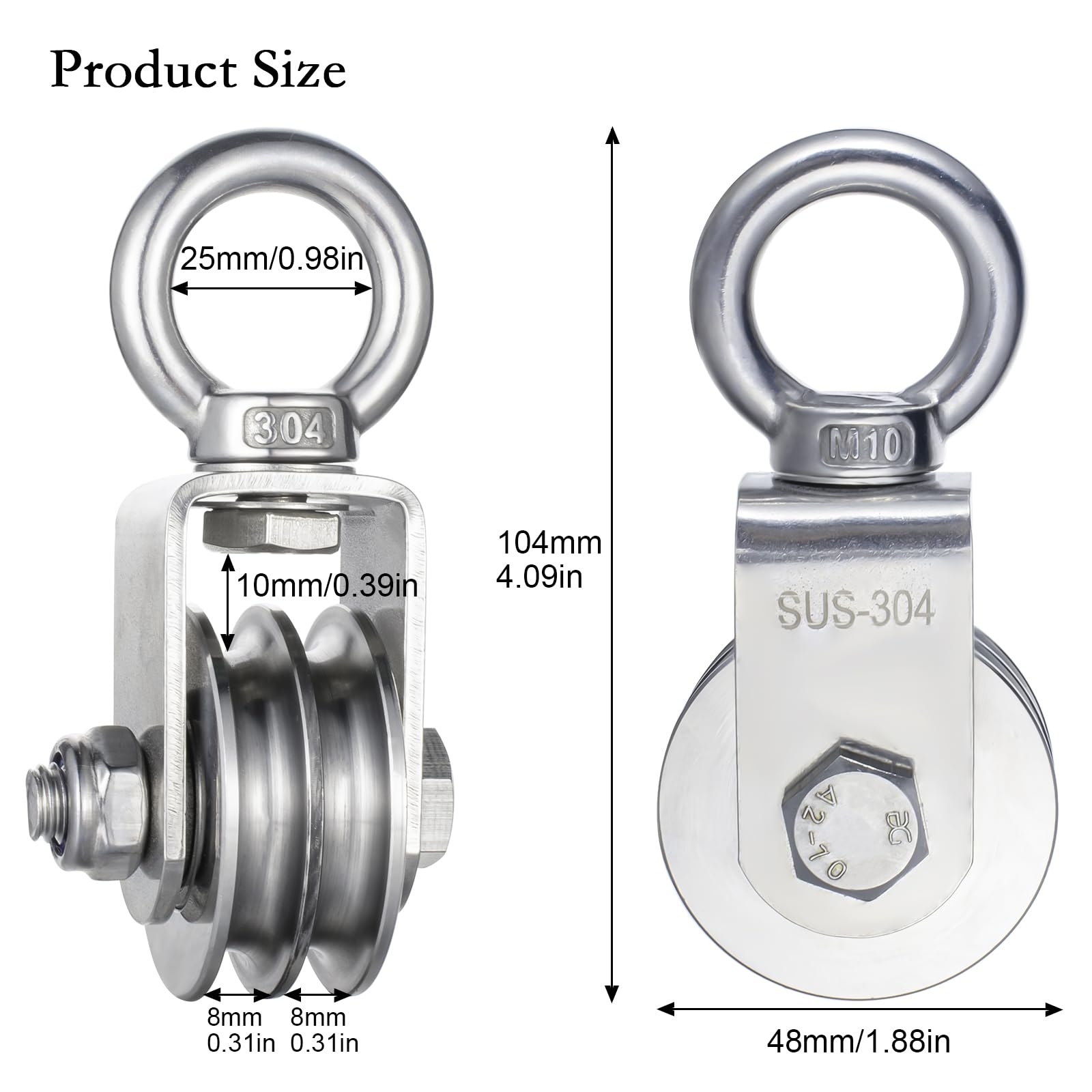 Bloque de polea de doble cable de acero inoxidable resistente, rodamiento interior, rueda de polea giratoria, bueno para sistema de elevación de polea, carga 1100 libras, paquete de 2