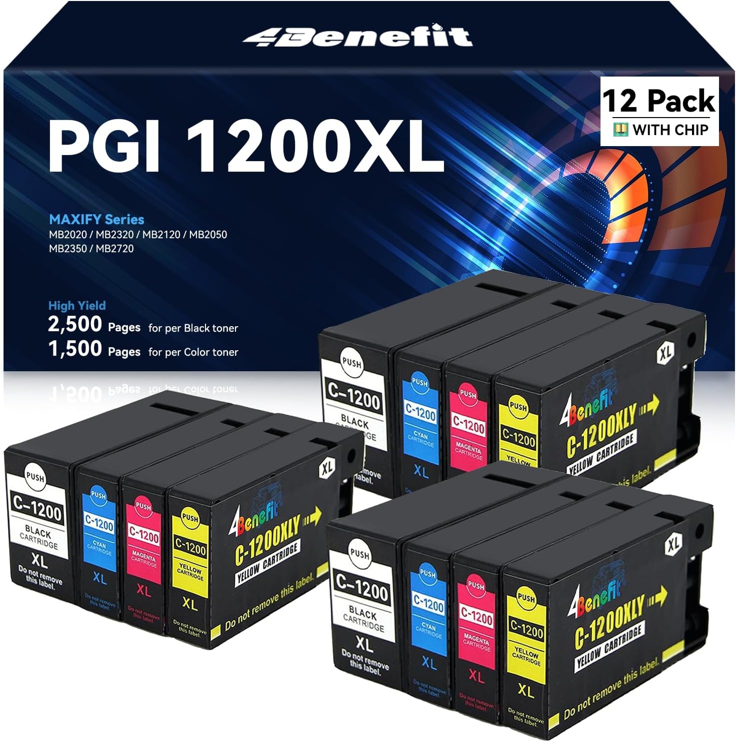 PGI-1200XL Ink Cartridges 12-Pack Replacement for Canon 1200XL Ink Cartridges PGI-1200 PGI1200XL for Maxify MB2720 MB2120 MB2020 MB2050 MB2320 MB 2720 2120 Printer (3Black, 3Cyan, 3Magenta, 3Yellow)