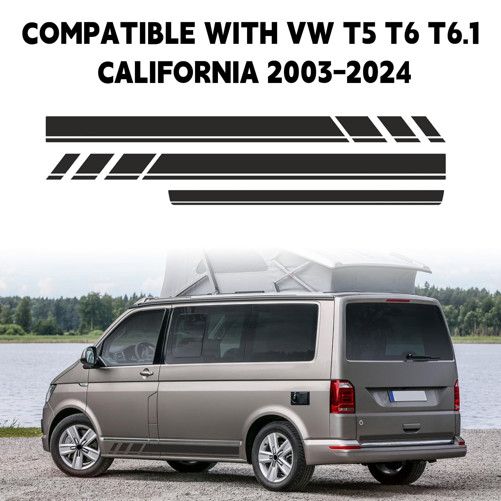 Strisce Laterali Sostituzione per VW T5 T6 T6.1 California 2003-2024, 2 Adesivi Laterali + 1 Adesivo Portellone Posteriore, Nero