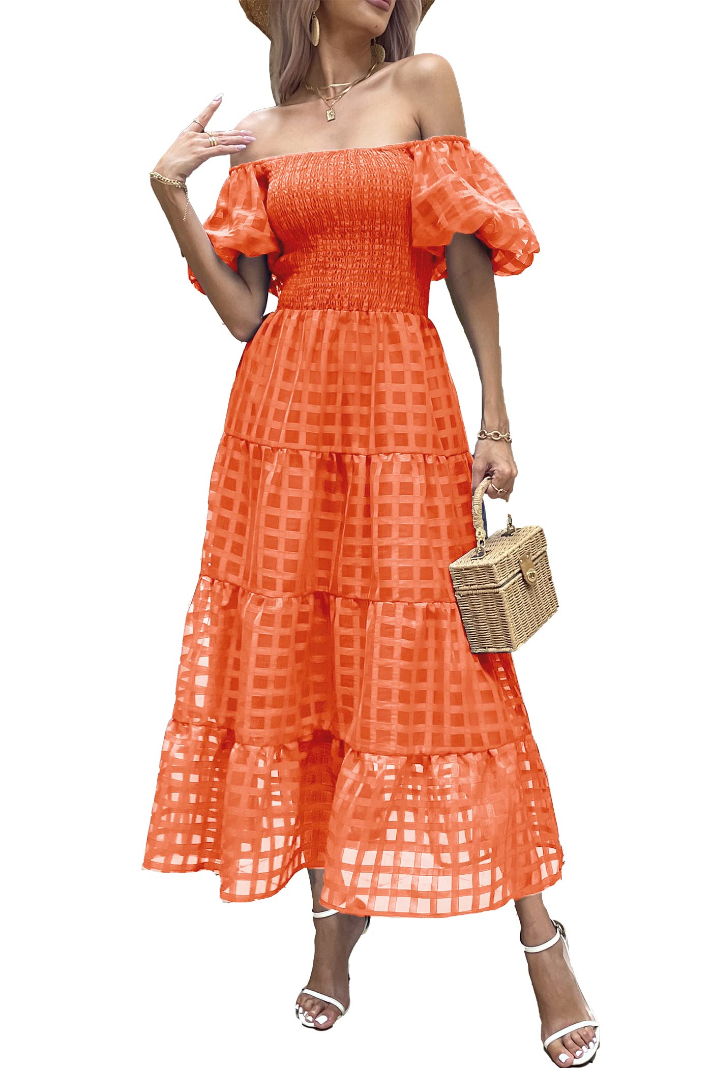 PRETTYGARDEN Women's Casual Summer Dress Puffy Short Sleeve Square Neck Smocked Tiered A Line Maxi Long Dresses