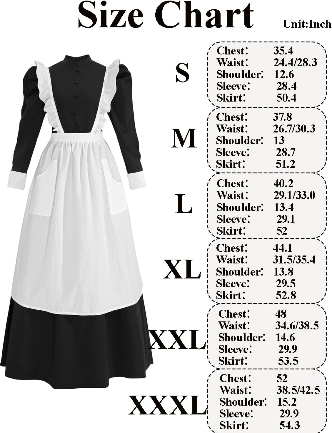 NSPSTT Pioneer Dress Women Prairie Colonial Costume with Apron Victorian Maid Outfit Black