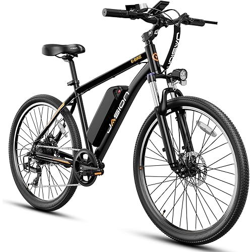 Jasion EB5 Electric Bike for Adults with Peak 750W Brushless Motor, 40Miles 20MPH Commuting Electric Mountain Bike with 360Wh Removable Battery, 7-Speed, 26" Tires and Front Fork Suspension