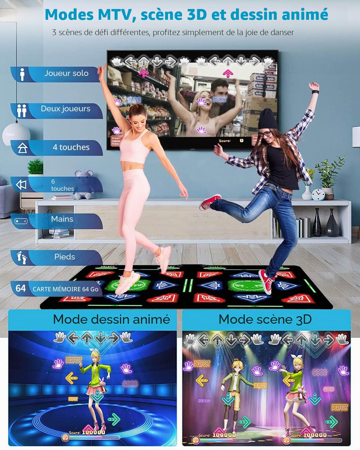 Tapis de danse HDMI, 64 Go, 1000 jeux, 81 vidéos MTV, 885 chansons. Combine la danse, le yoga, l'aérobic, la course, le sport et les jeux de réflexion pour enfants. Matériau en flanelle,