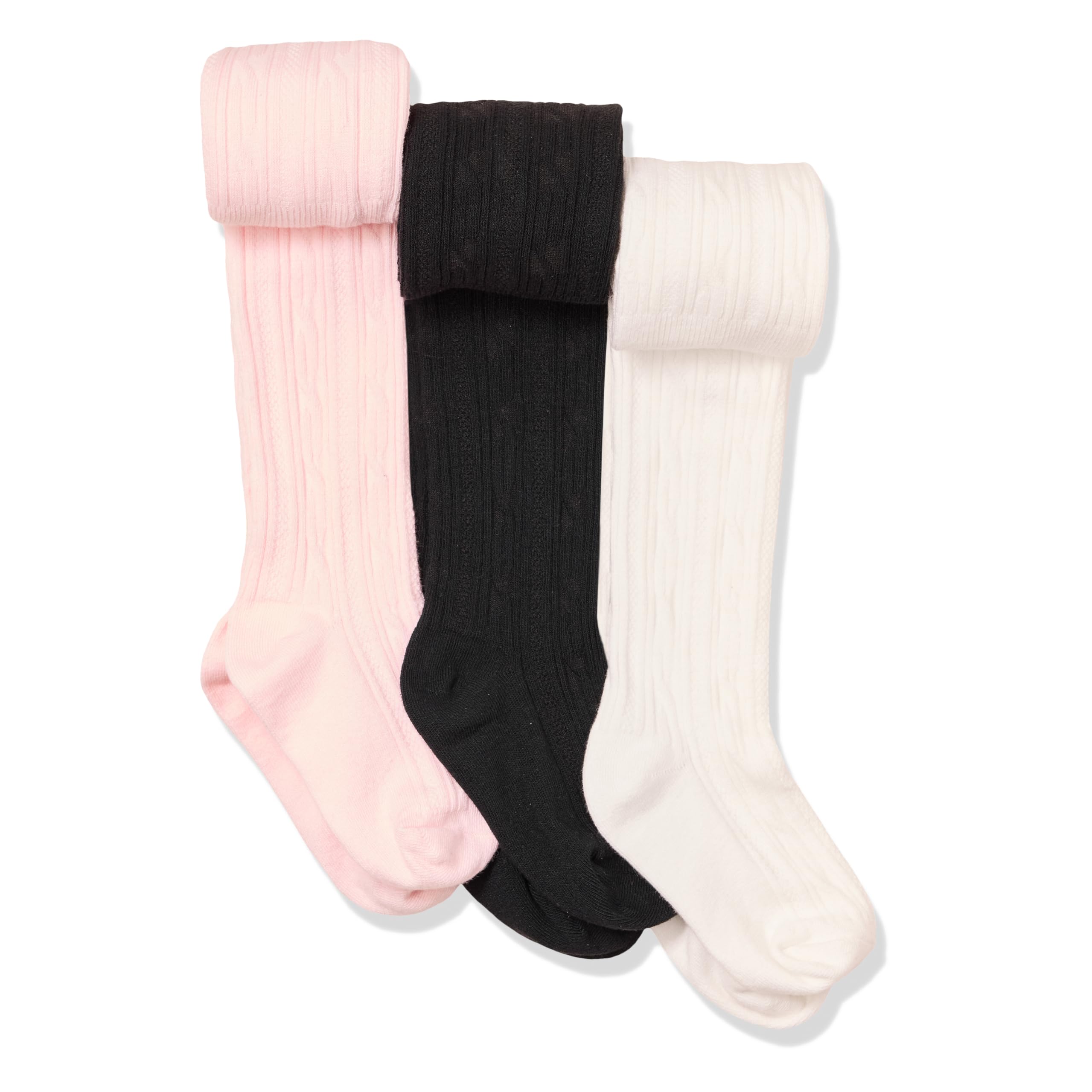 Amazon Essentials Girls' Cable Knit Tights, Pack of 3, Black/Pink/White, Large