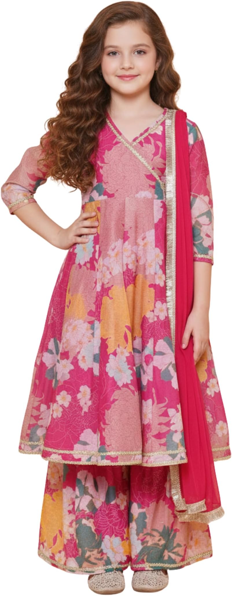 Girls Rayon Fabric Floral Printed 3/4 Sleeve Sharara Dress Set For All Occasion salwar suit
