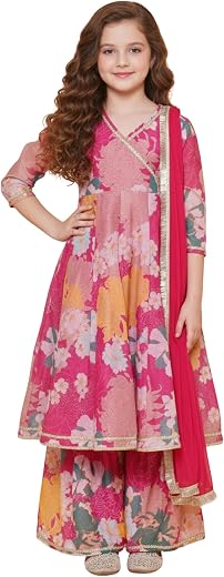 Naixa Girls Rayon Fabric Floral Printed 3/4 Sleeve Sharara Dress Set For All Occasion salwar suit