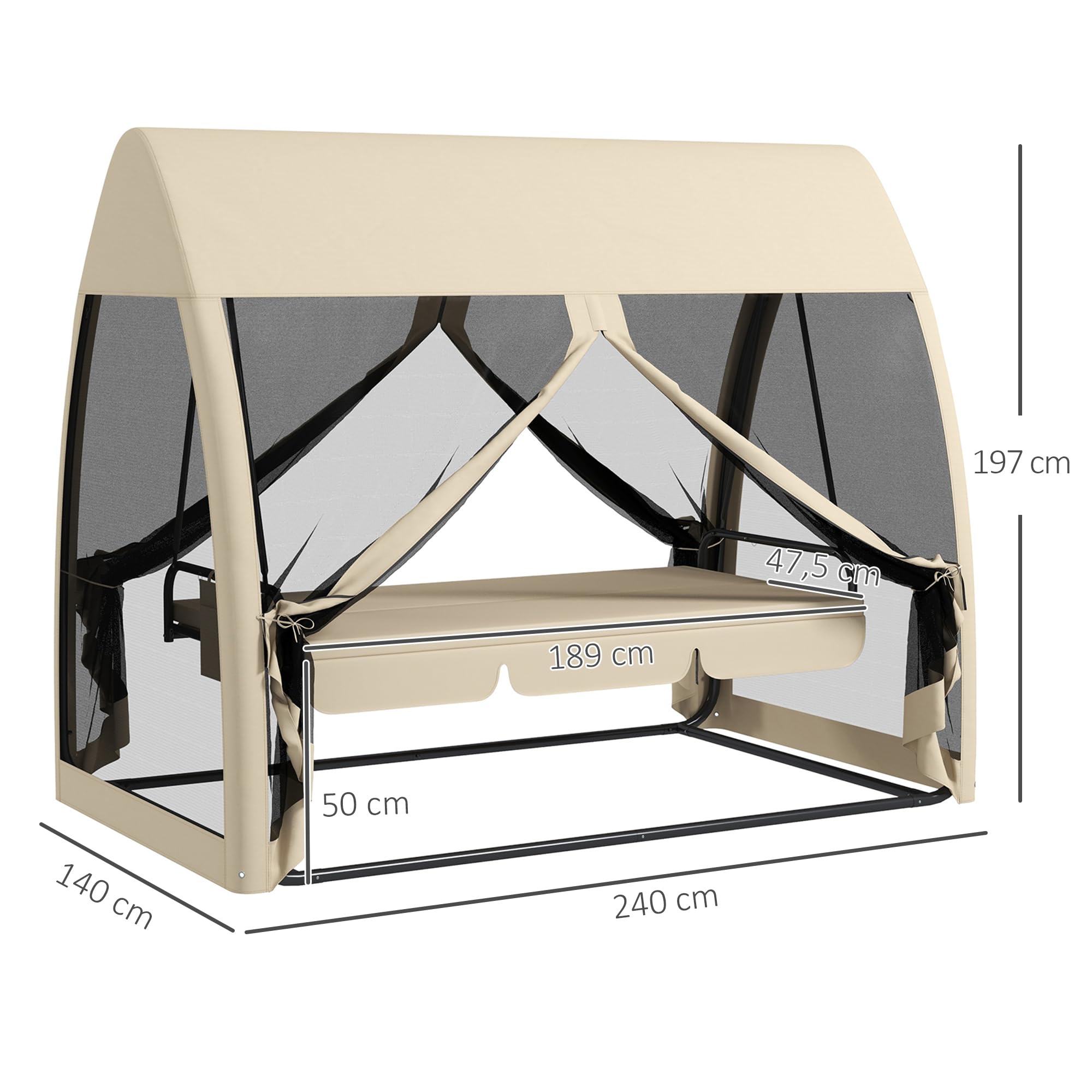 Outsunny 2 in 1 Hollywoodschaukel mit Liegefunktion 3-Sitzer Gartenschaukel mit Baldachin, Mückennetz, Schaukelbank belast bis 300kg, Gartenliege für Garten, Terrasse, 240 x 140 x 197 cm, Kaffee