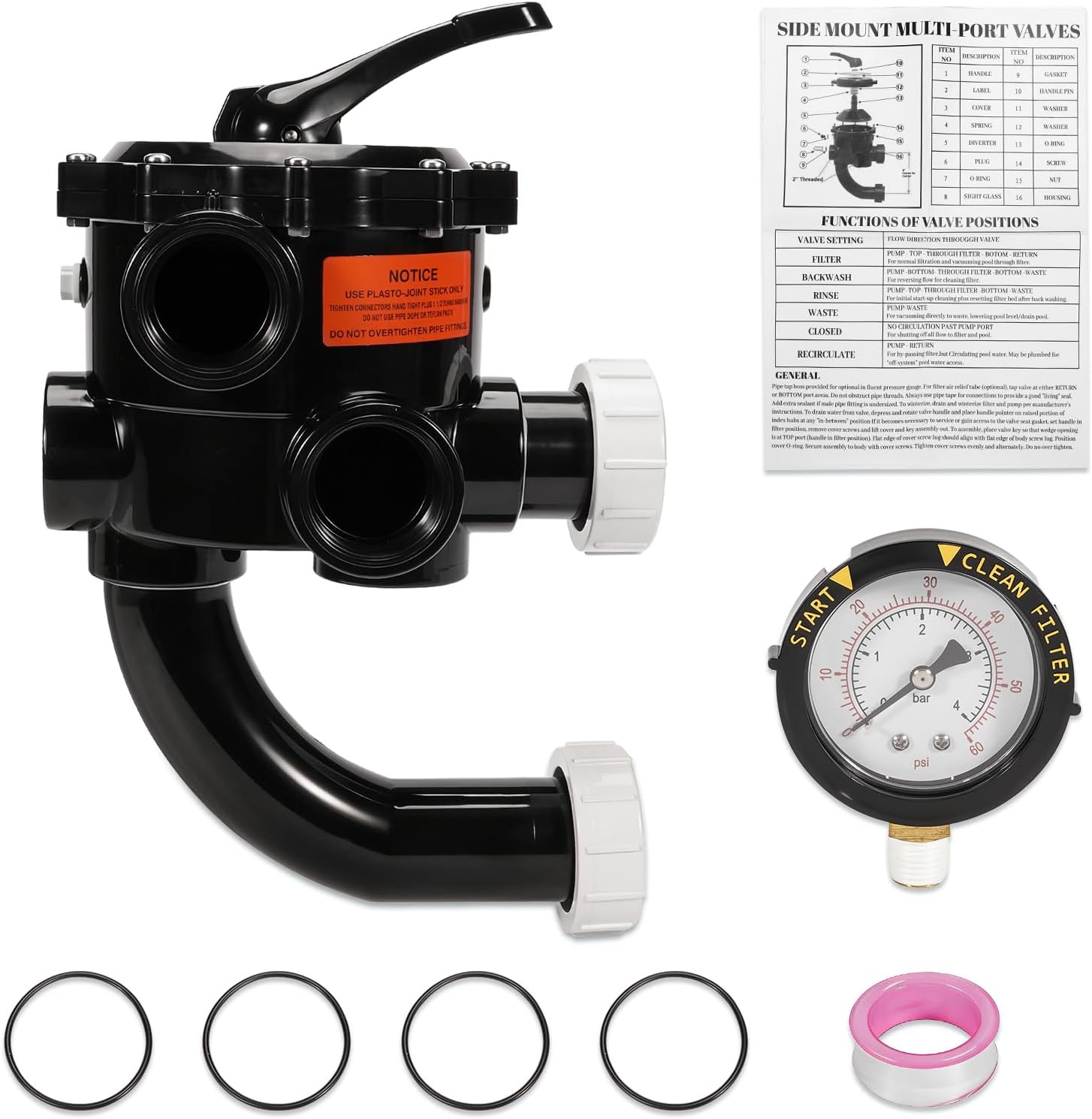 Side Mount 2" Multiport Backwash Valve Kit, 6-Position (6-Way) Pool Filter Valve Compatible with Pentair Sta-Rite 18201-0200, for Sand & DE Filters, Includes PVC Unions