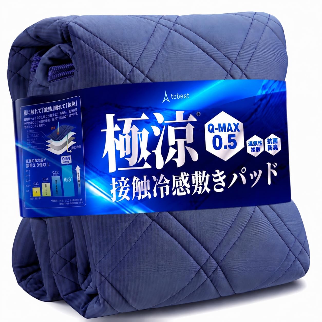 tobest 極涼 敷きパッド シングル Q-MAX0.5 接触冷感 リバーシブル ひんやり 冷感 夏用 冷感シーツ 抗菌 消臭 防ダニ 涼感 冷たい サラサラ 涼しい クール 吸水速乾 丸洗い ブルー 100x205cm商品画像
