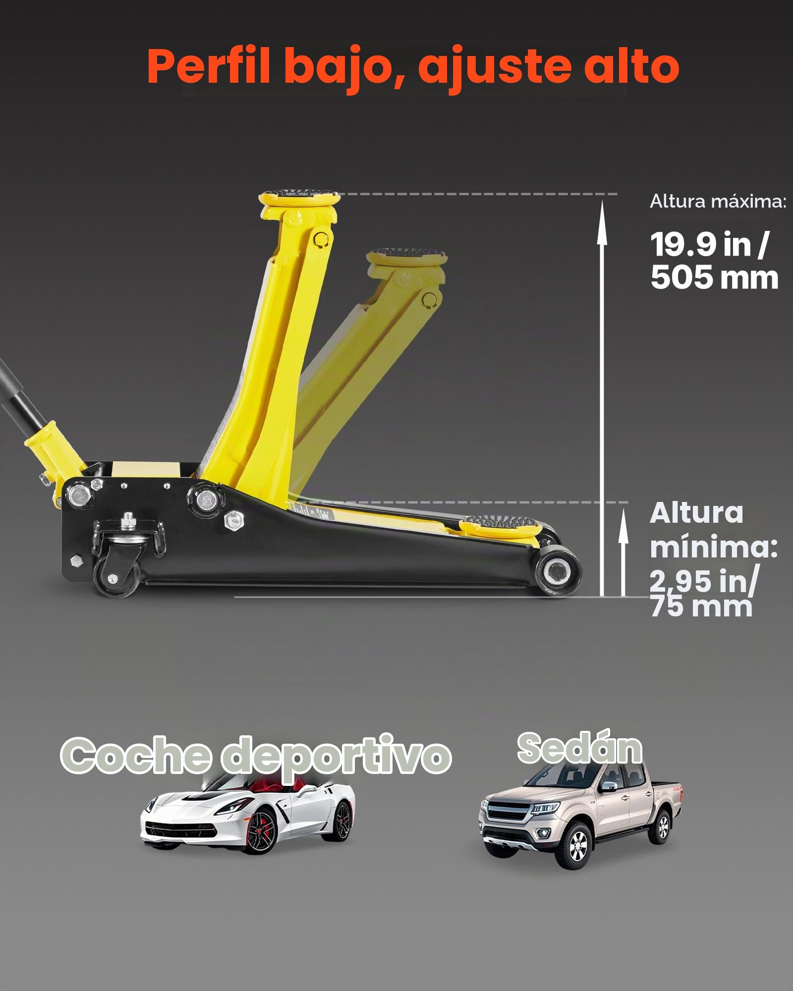 VEVOR Gato Hidráulico de Perfil Bajo Capacidad de 2 T, Gato de Acero para Coches con Bomba de Doble Pistón, Rango de Elevación de 75 a 505 mm, para Automóviles, Vehículos, Autos Deportivos, Camiones