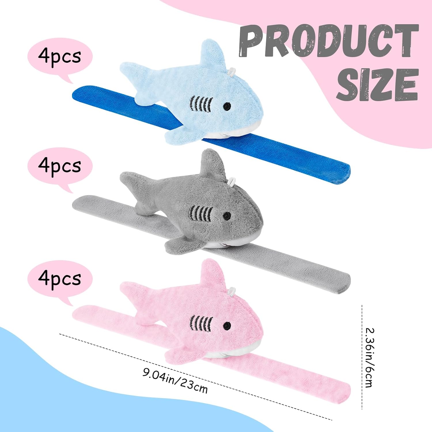 Silipull 12 Pcs Shark Slap Bracelet for Kids Plush Stuffed Ocean Animal Slap Wrist Band Bulk Cute Shark Snap Patting Circle Birthday Classroom Rewards Party Favors Gifts for Boys Girls, Blue Gray Pink