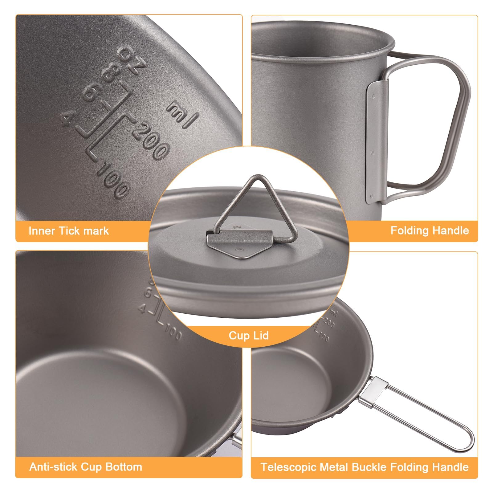 Camping Kochgeschirr, Tragbar Camping Besteck Titan Tasse Schüssel Spork, 3 Stück Set Geschirr Outdoor Kaffeetasse Becher Picknick Set Faltbar für Camping im Freien, Wandern