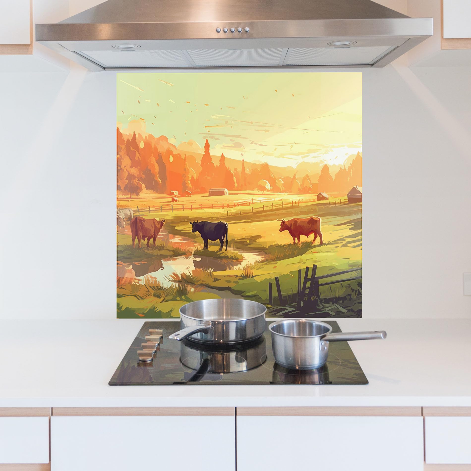 ARTHUB® Crédence de Cuisine en Verre 60x60 cm, Farm Sunlight | Protection Contre Les éclaboussures, Revêtement Mural en Carreaux, Plaque en Verre, Verre trempé, Paysages, Campagne