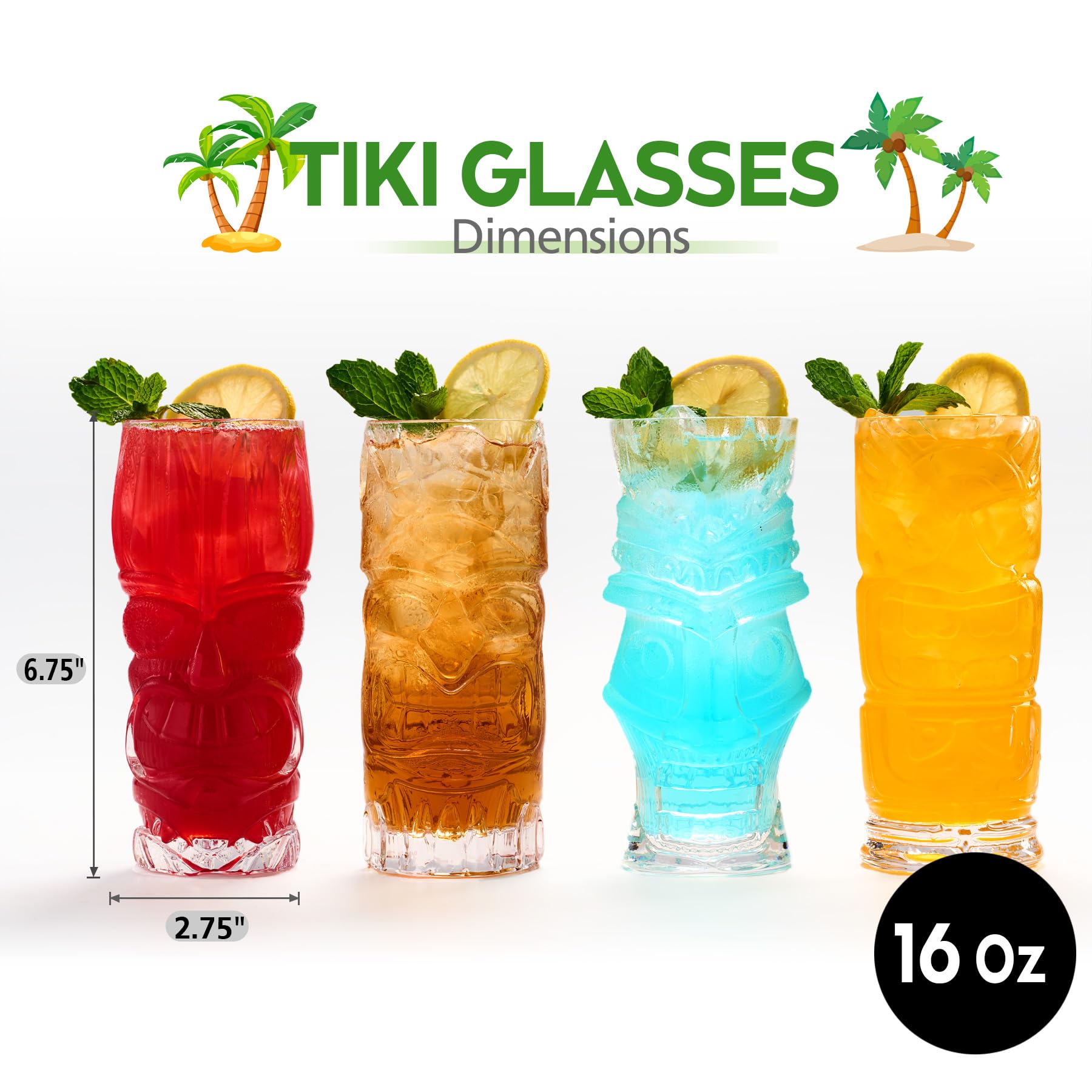 Amazon.com | Burns Glass Set of 4, 16 Oz Clear Tiki Cups Tumbler