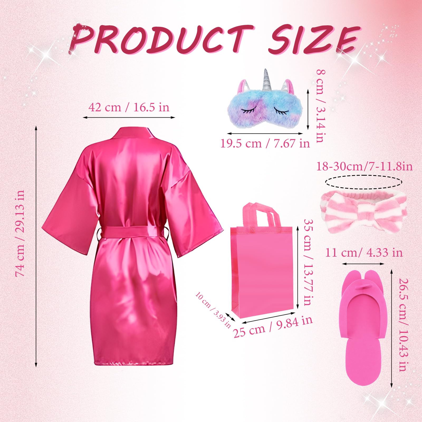MSYU 30 piezas de suministros de fiesta de spa para niñas, 6 batas de satén, 6 pantuflas para niños, fiestas de pijamas, regalos de fiesta de cumpleaños, spa, talla 8, rojo rosa, rosa