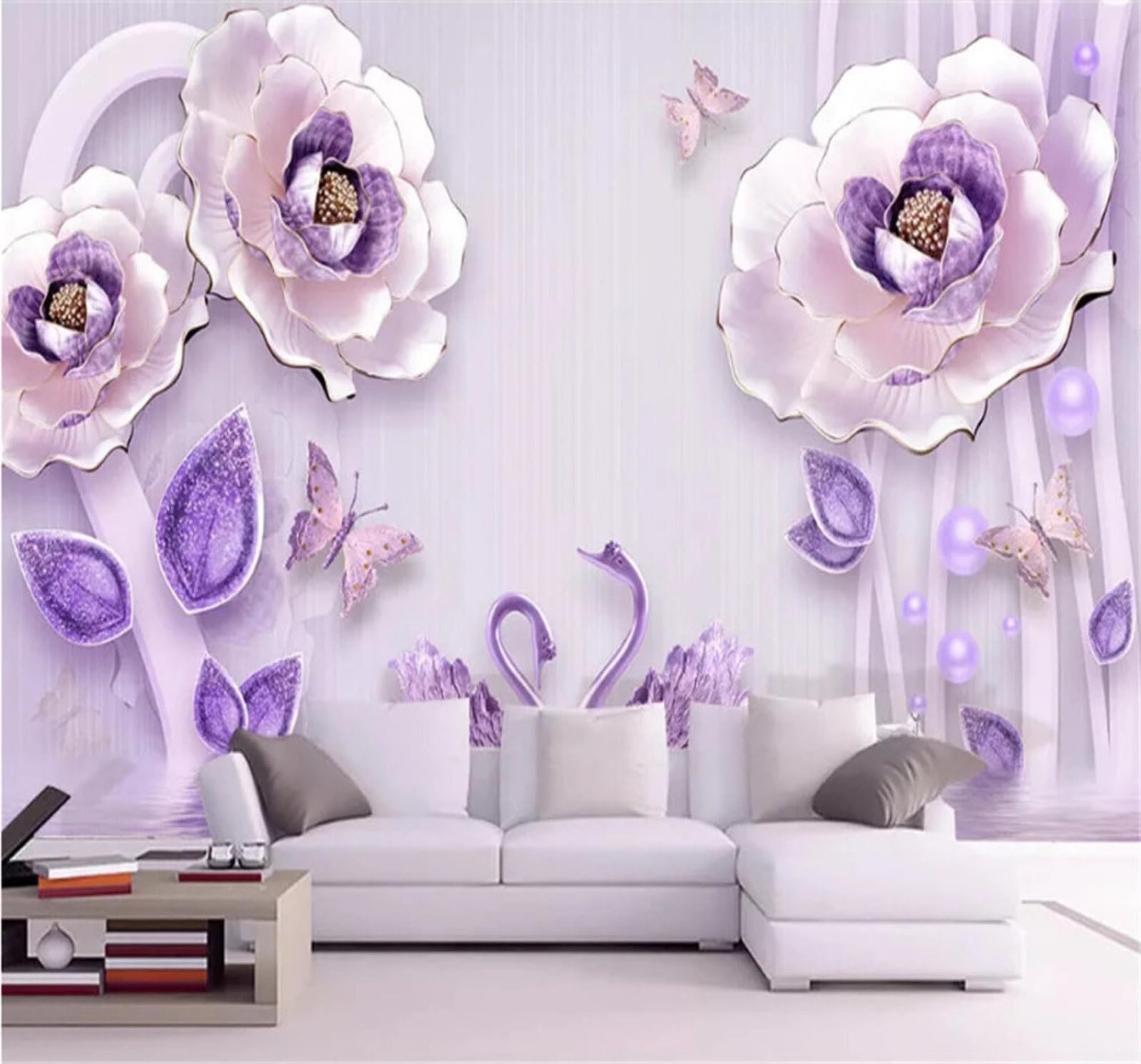 Wallpaper-3D-Xlm 430Cm×300Cm(B×H) Relief Beautiful Purple Flowers Butterflies 3D Wallpaper Easy Install Feature Office Living Room Sofa Bedroom Tv Background Wall Decoration-430Cm×300Cm
