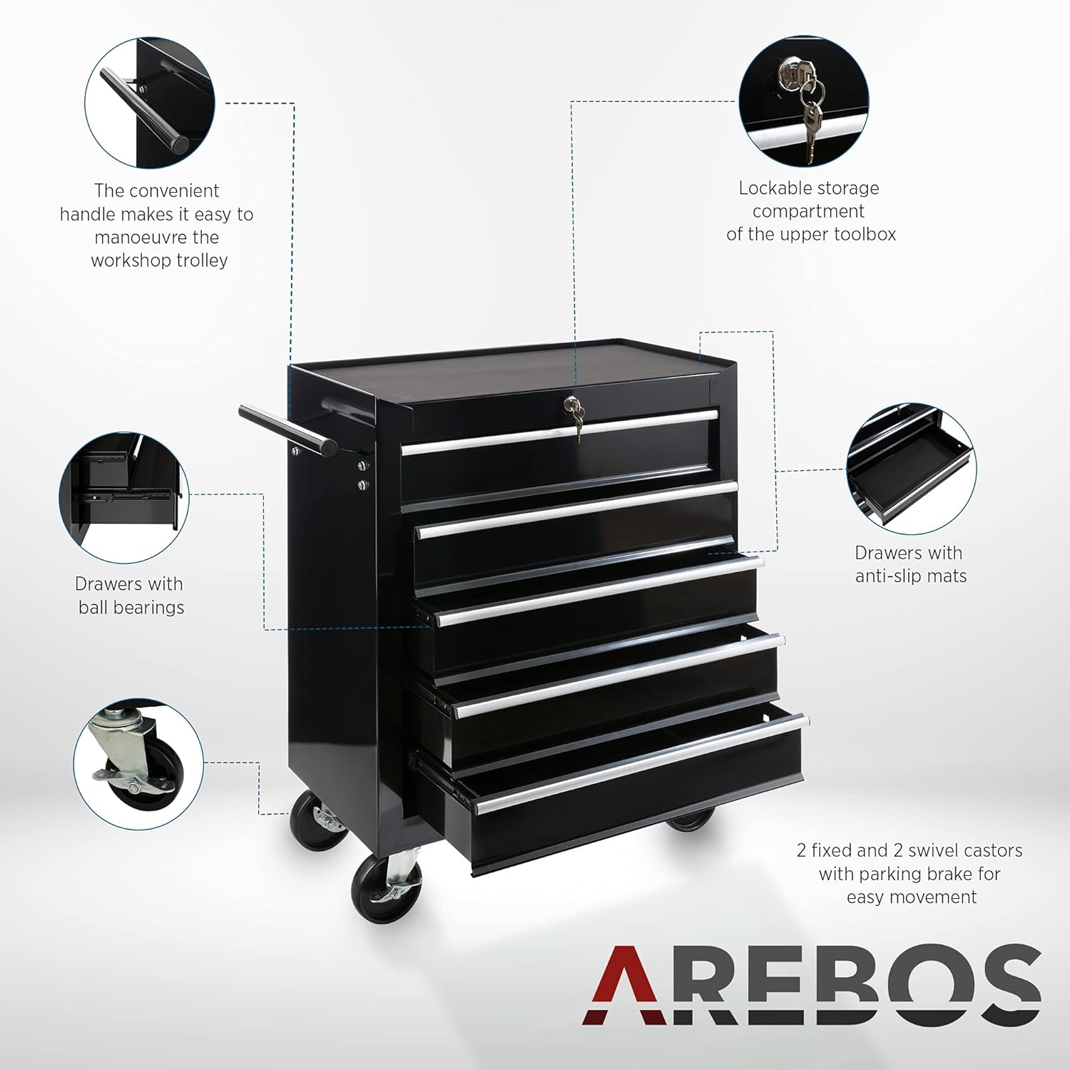 Close-up of the AREBOS workshop trolley's handle and wheels, highlighting the swivel castor with brake.