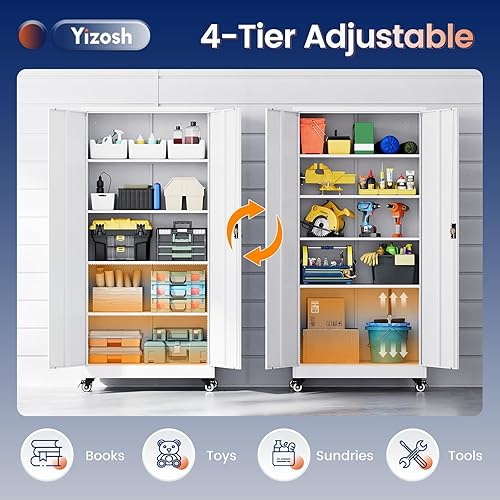 Miniatura 56 de Yizosh Armario de almacenamiento de metal para garaje con 2 puertas y 5 estantes ajustables, gabinete de archivo de acero con cerradura de 71 Negro