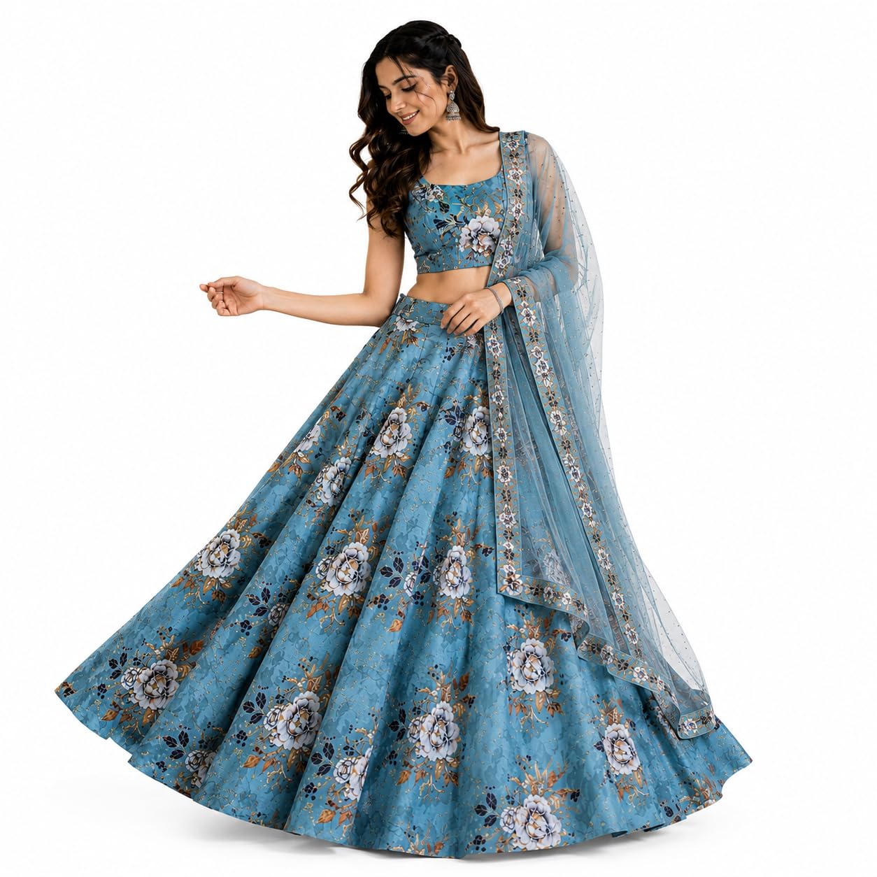 tanish textiles Lehenga Choli Set for Women, Ready to Wear, Multicolour, Georgette, Embroidered, Ethnic Style, Free Size, 3 Pieces (Blue Floral)-picture-39