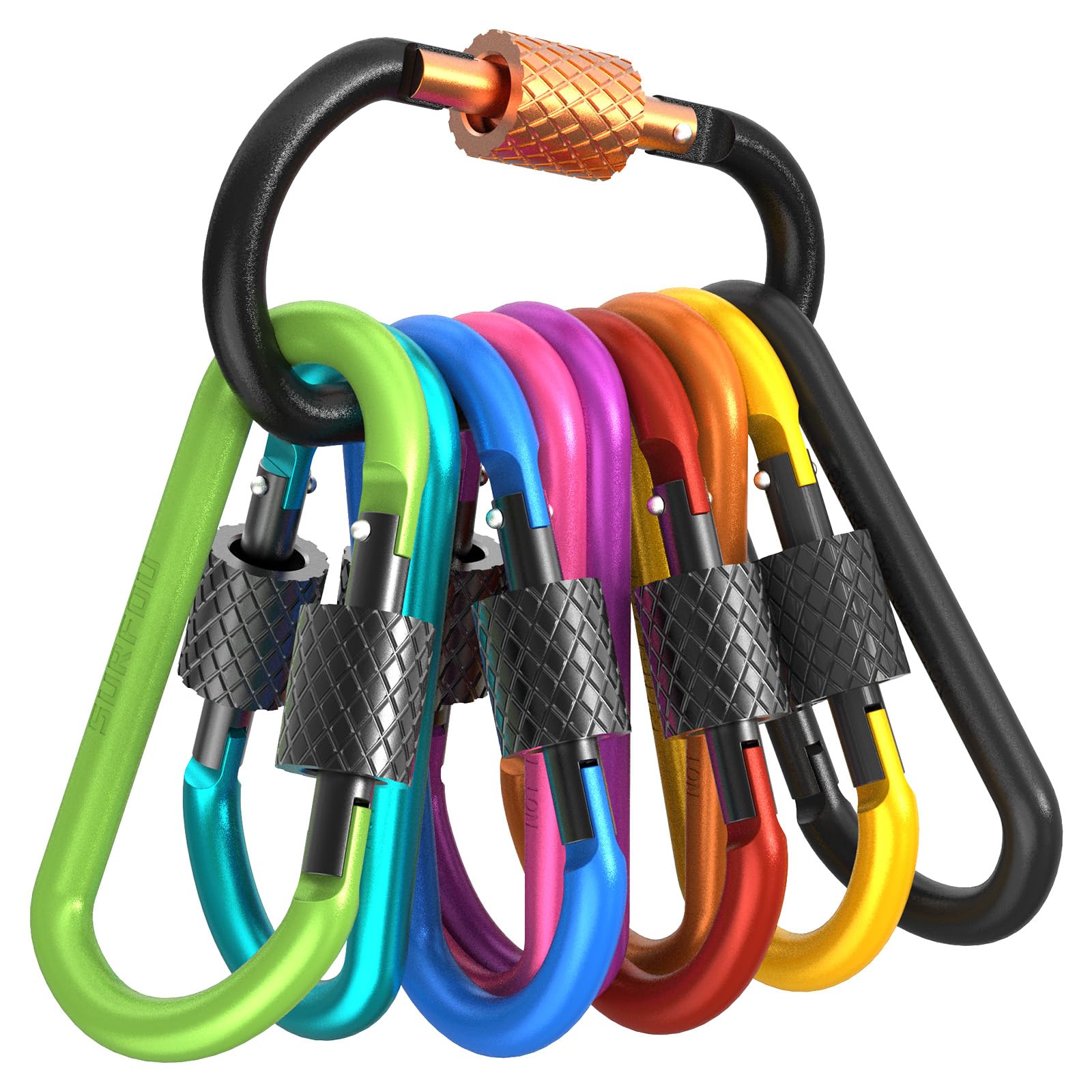 SURFOU Pack of 10 Carabiners with Screw Cap, D Shape Carabiner Set, Carabiner Key Ring, Multifunctional Carabiner Hooks for Camping, Fishing, Hiking or Travel (10 Colours)