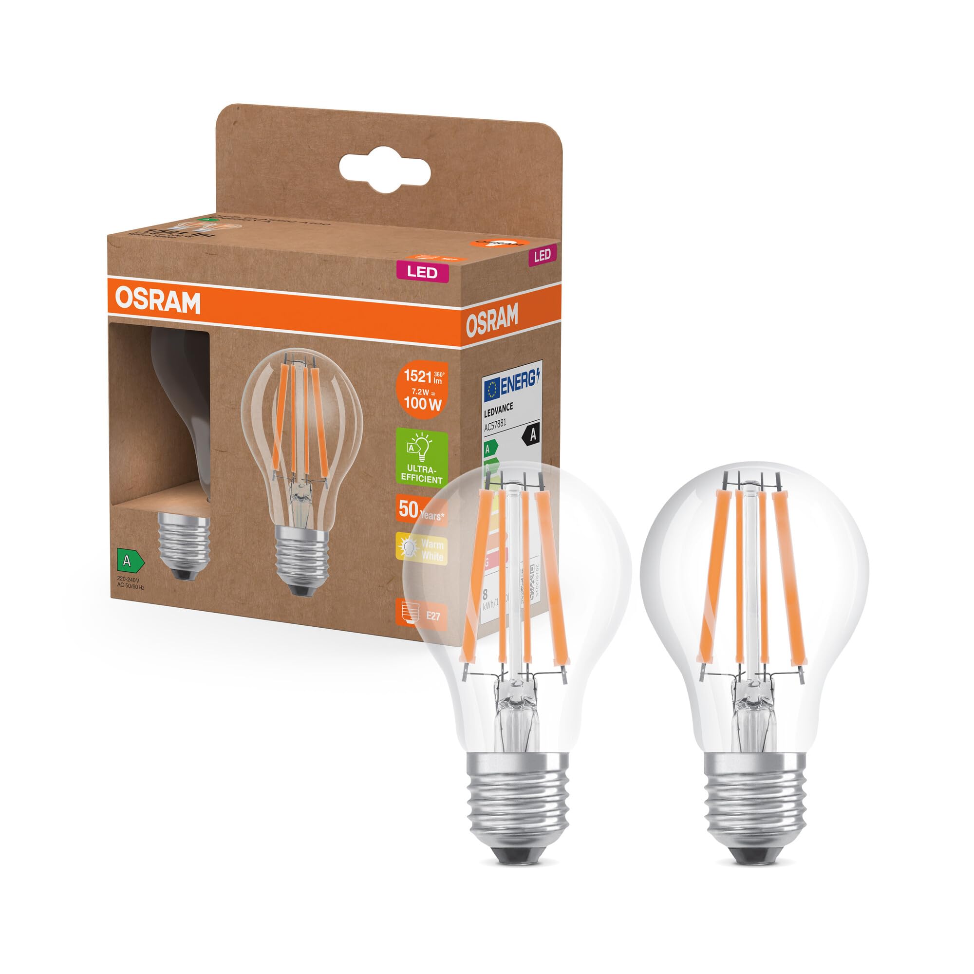 Osram LED Superstar Classic LED-Lampe A 100 in klassischer Kolbenform, klarer Glaskörper, 7.2 W, 1521 lm, E27 Fassung, warmweißes Licht mit 2700 K, EEK A, 60 mm Durchmesser, 2-Pack