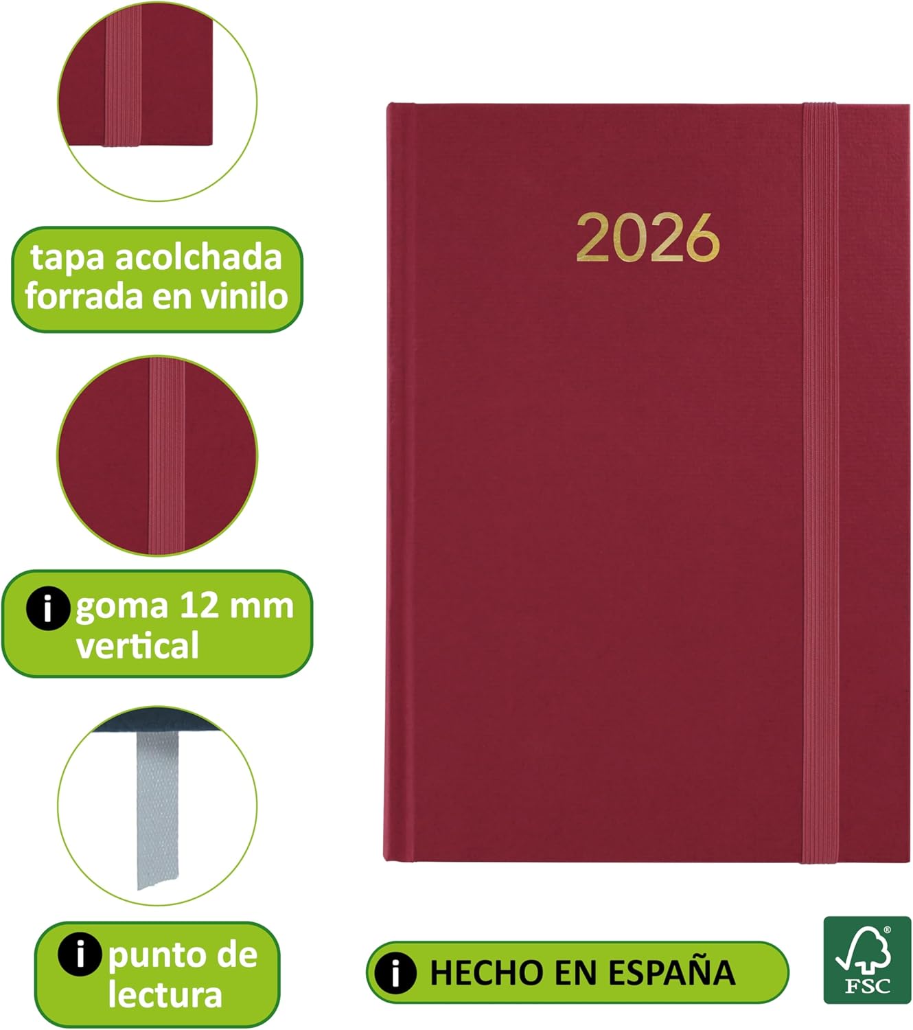 Grafoplas 2026 Year Planner Day to View Florence Garnet 14.5 x 21 cm Padded Vinyl Cover Vertical Closure Reading Point Annual Perfect for Office Organization