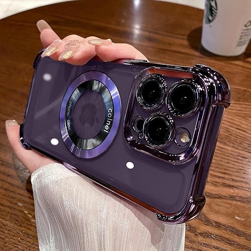 Funda magnética para iPhone 14 Pro Max compatible con MagSafe, protección de grado militar Logo View Funda delgada transparente galvanizada para