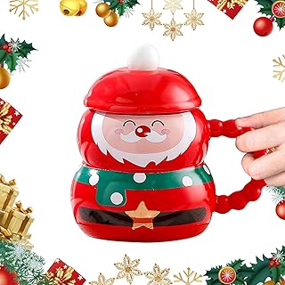 Christmas Mug, Christmas Coffee Mug with Lid, Christmas Cups Ceramic Coffee Mugs 400ML, Festival Cute Xmas Mugs Lovely Ceramic Tea Cups for Parents, Sweetie and Friends (Santa Claus)