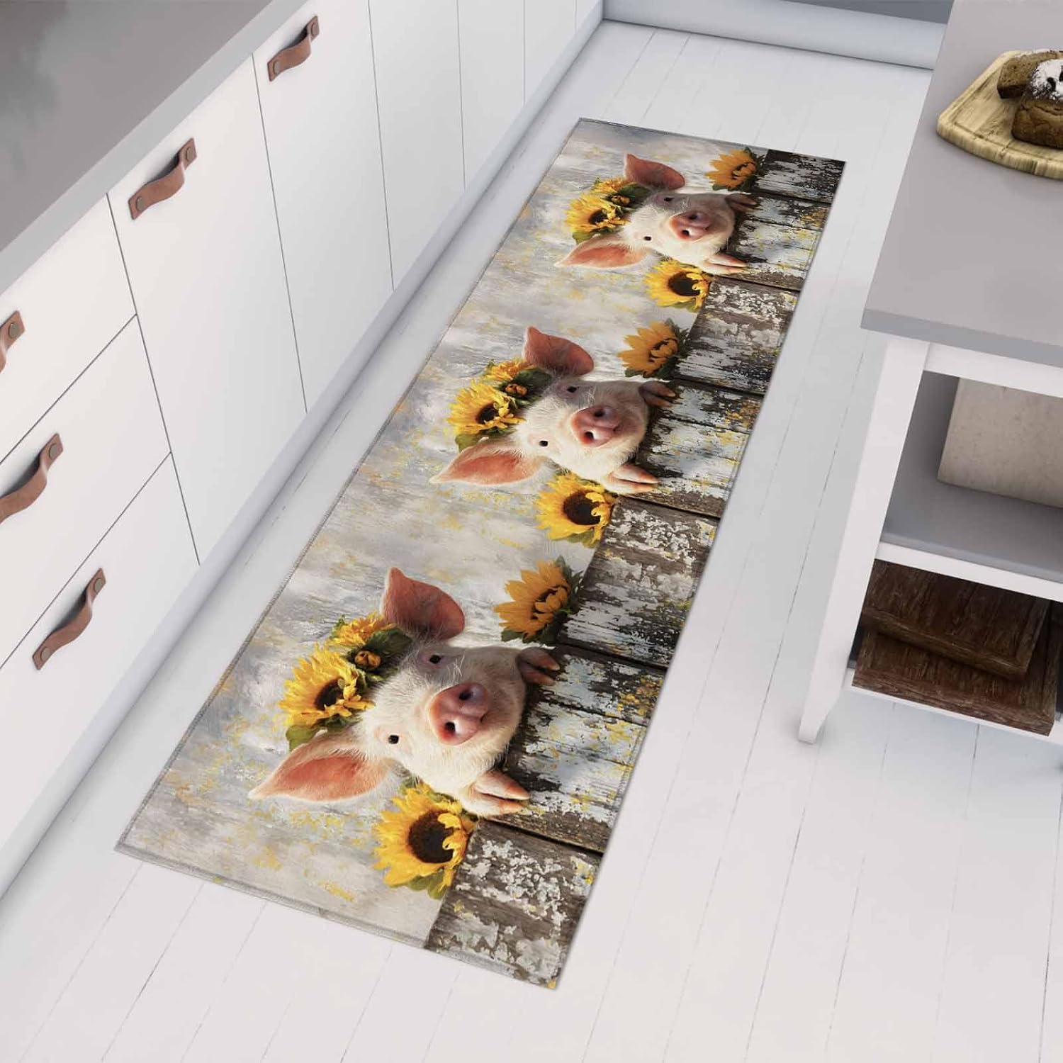 Teamery Kitchen Mats for Floor Farm Pig Sunflower Wood Grain Washable Non Slip Kitchen Rugs 1PCS, Rustic Retro Animal Art Absorbent Standing Mats for Sink Bathroom Office Living Room 23.6x70.9in