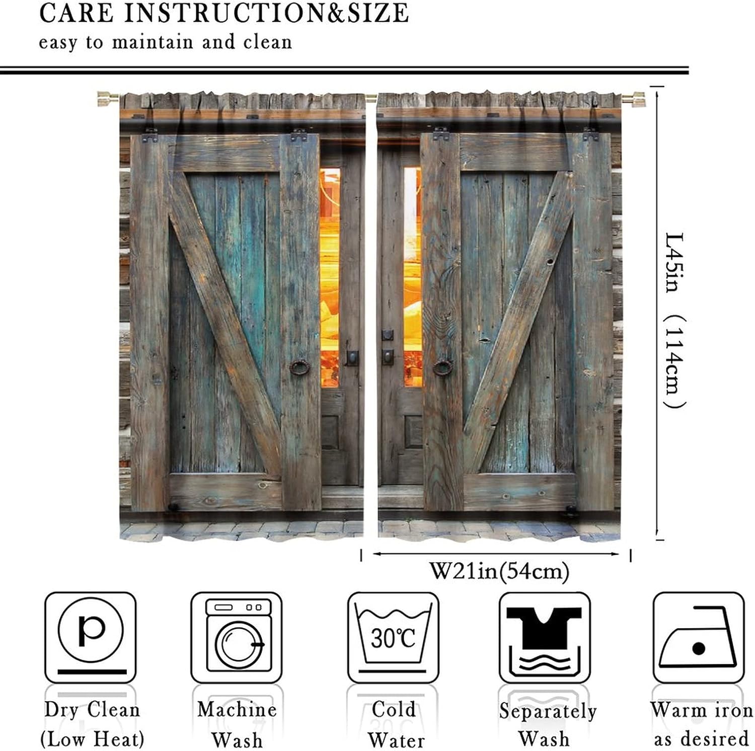 Farmhouse Barn Door Curtains,Rustic Countryside Blue Brown Wooden Barn Door Print Window Drapes for Kids Boys Bedroom Living Room Kitchen Decoration Energy Efficient Room Darkening 42x45in