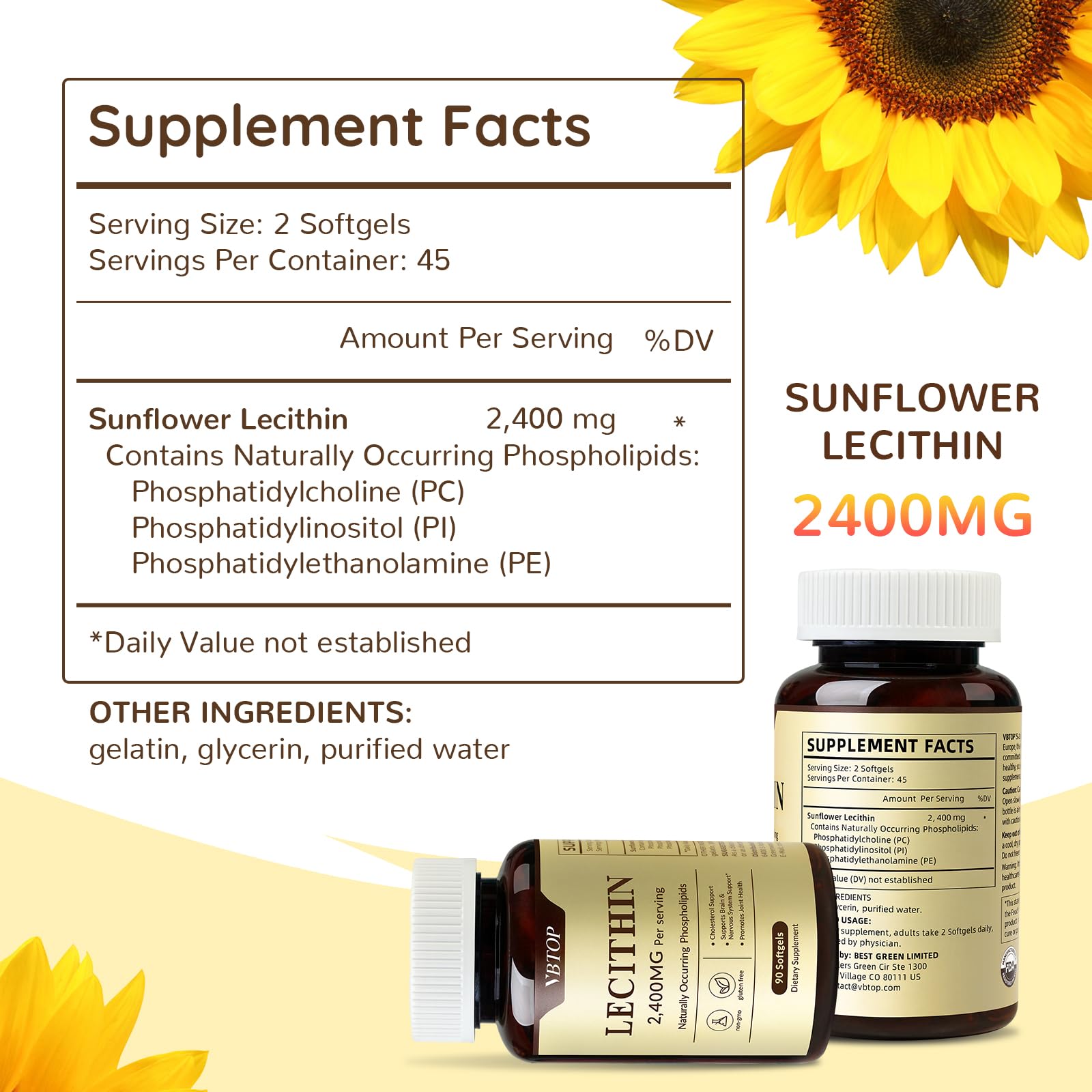 Sunflower Lecithin 2400 mg 90 Softgels Rich in Phosphatidyl Choline — Amazon image 2
