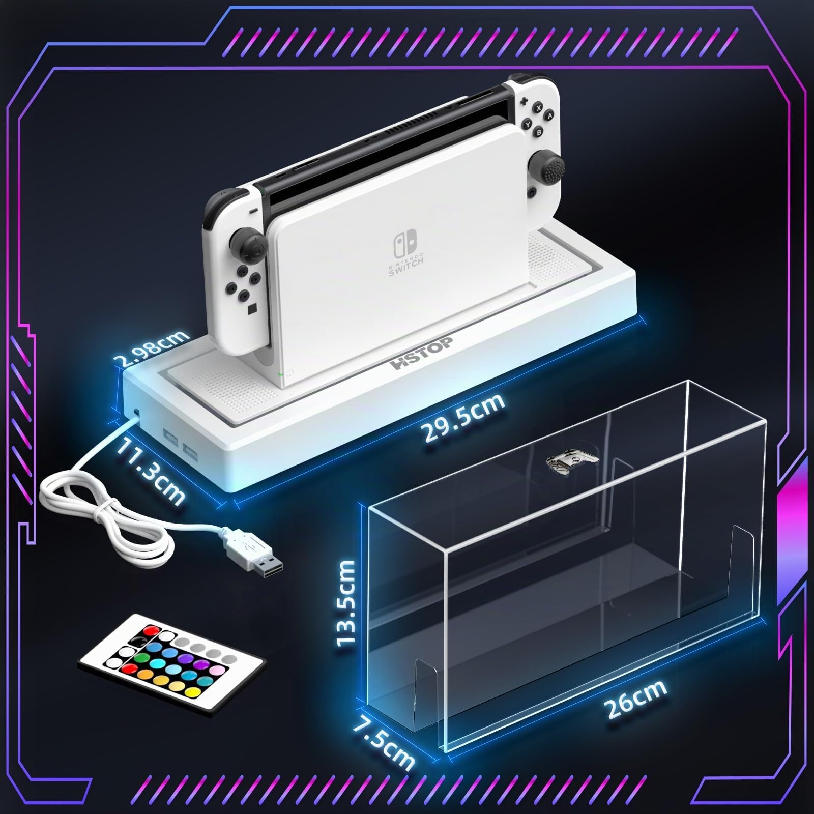 Anti Poussière Housse de Protection pour Nintendo Switch/Switch OLED,Coque Étui Dock de Protection Rayures Étanche pour Accessoire Switch/Switch OLED avec 16 Couleurs LED Lumière-Transparent