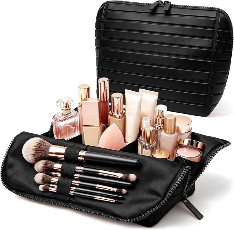 Generic Estojo de maquiagem para viagem com divisórias ajustáveis, 24 bolsos e 5 suportes para pincéis, PVC, preto