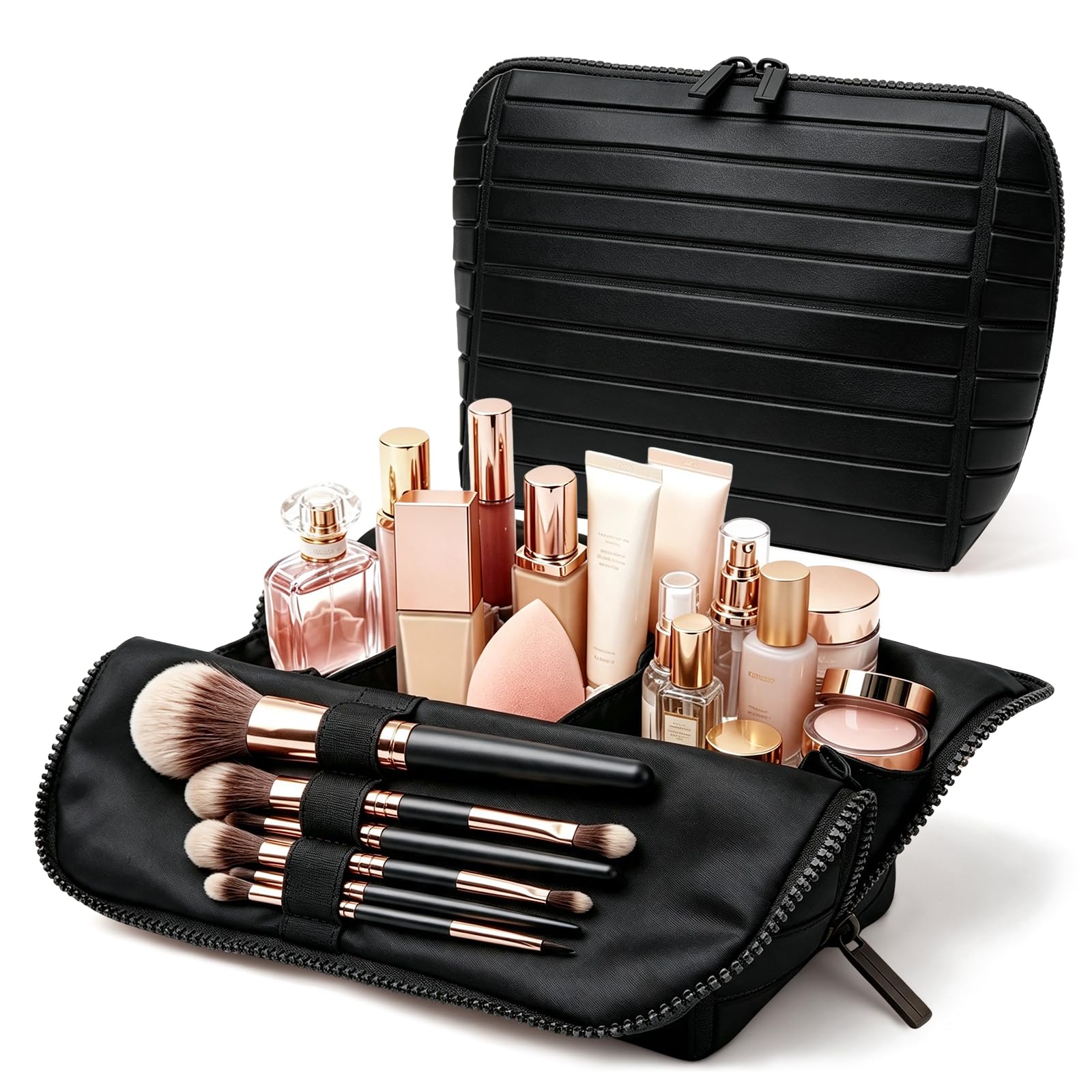 Travel Makeup Bag for Women, Fold Down Stand-Up Striped Makeup Organizer with Adjustable Dividers, 24 Pockets, 5 Brush Holders, Waterproof PVC Cosmetic Toiletry Bag for Travel, Black