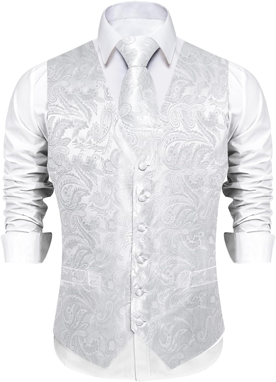 DiBanGu Mens Paisley Vest Tie Set with Lapel Pin Tie Clip 7PCS Silk Woven Necktie and V-Neck Suit Waistcoat for Tuxedo Party - Image 2