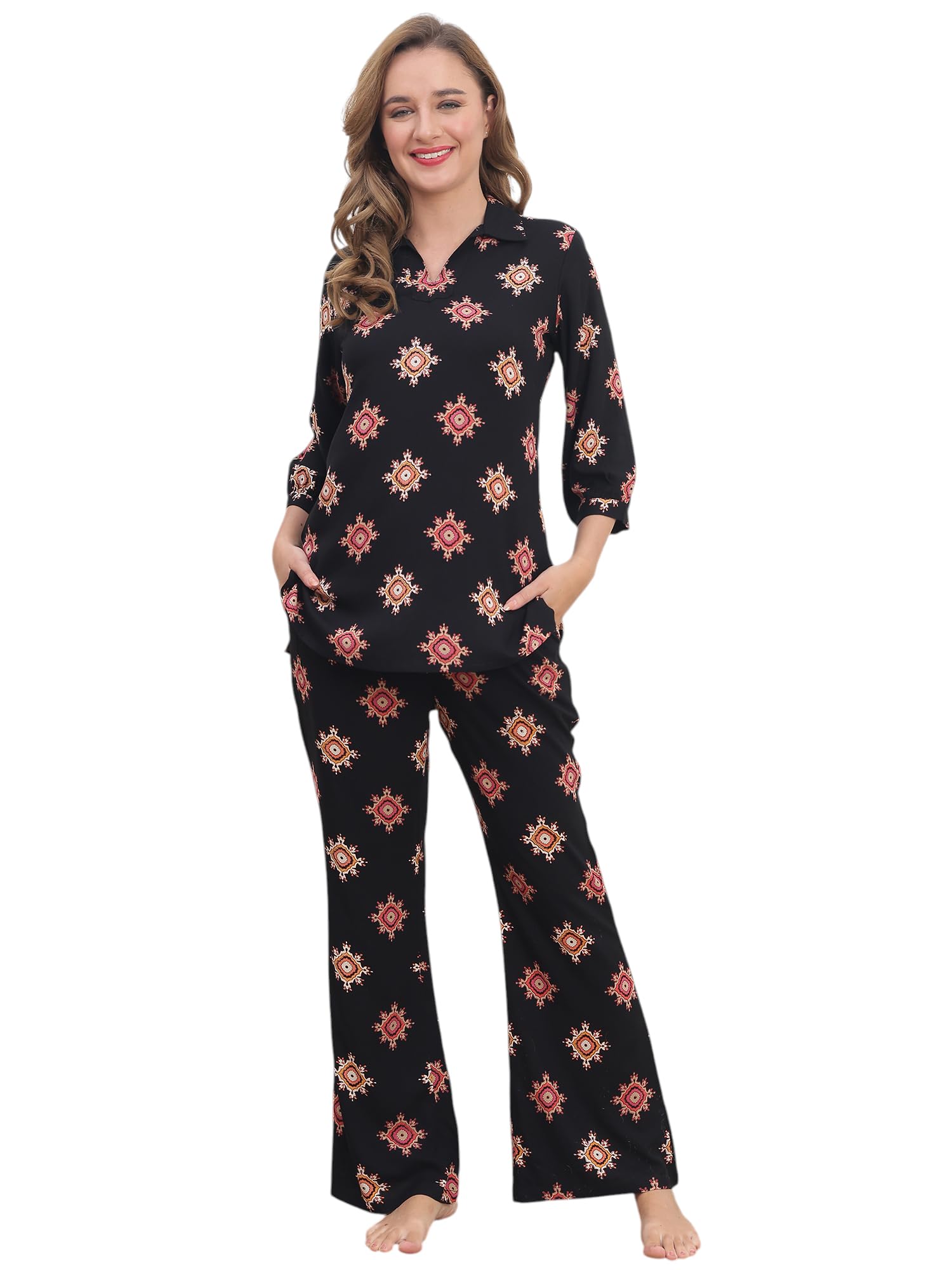 claura Women's Night Suit Set, Black with Geometric Print, Long Sleeve Top and Pants, Two Piece Sleepwear-picture-38