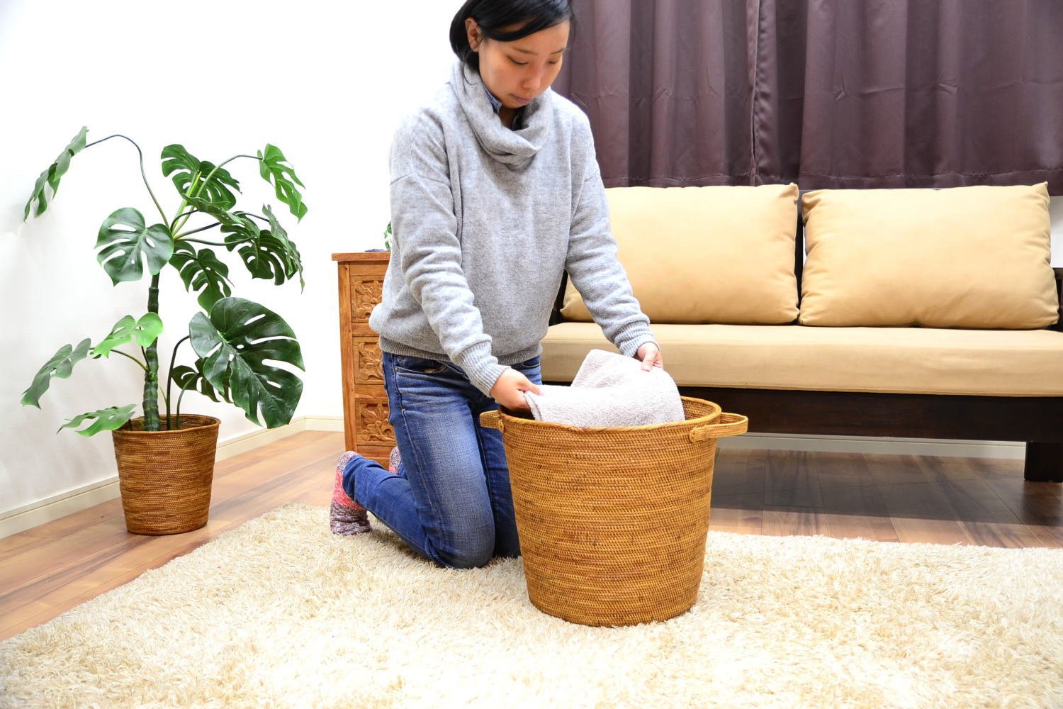 Amazon｜MANJA BAS-0239 バリ雑貨 アタ製品 持ち手付き ランドリー