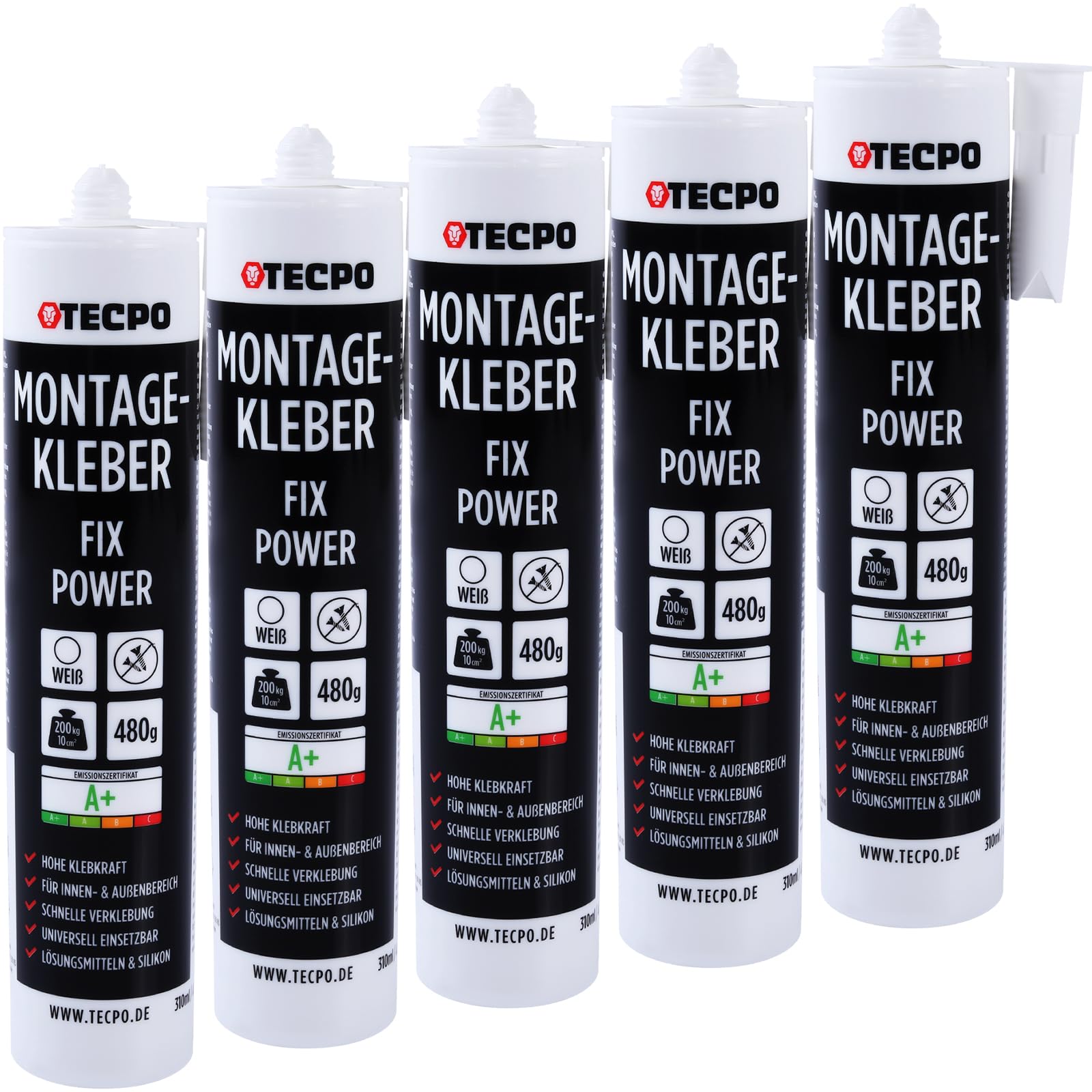 TECPO Montagekleber Fix Power, 5X 480g Universal Baukleber Kartuschen Kraftkleber 200kg 10 cm² für Akustikpaneele, Styropor, Sockelleite Innen und Außen schnelle Verklebung ohne Grundierung